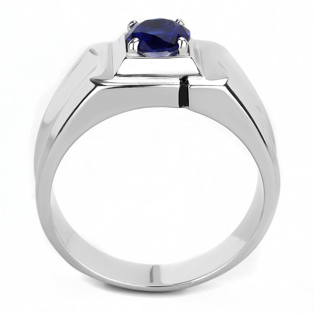 Men's stainless steel ring featuring synthetic Montana glass, high-polished finish, and round design.