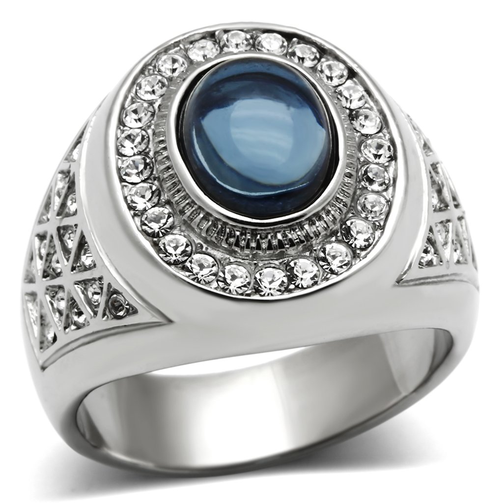 Men's stainless steel ring featuring synthetic Montana glass, high-polished finish, and modern design.