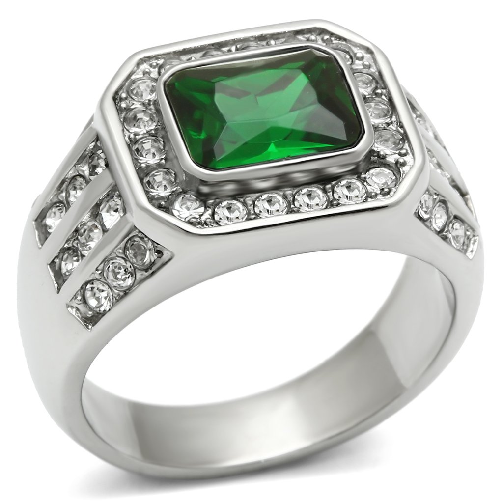 Men's stainless steel ring featuring synthetic emerald glass, high polished finish.