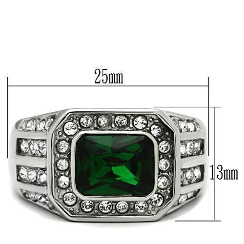 Men's stainless steel ring featuring synthetic emerald glass, high polished finish.