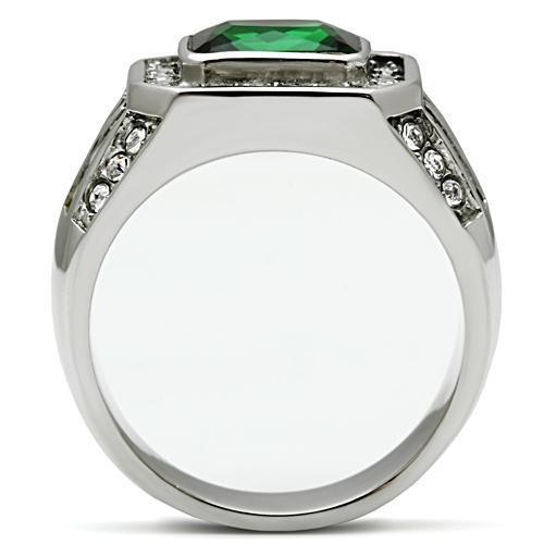 Men's stainless steel ring featuring synthetic emerald glass, high polished finish.