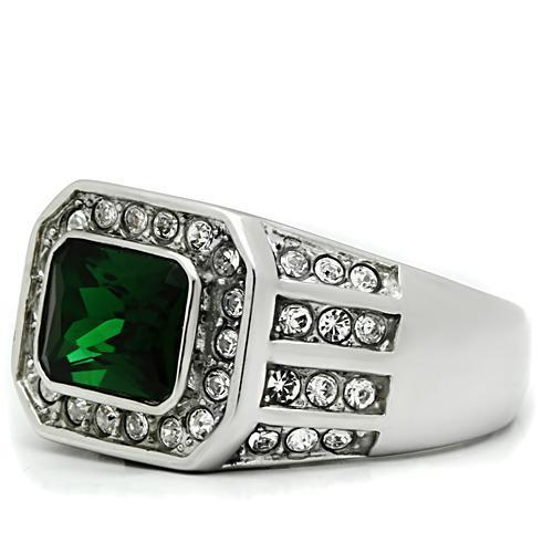 Men's stainless steel ring featuring synthetic emerald glass, high polished finish.