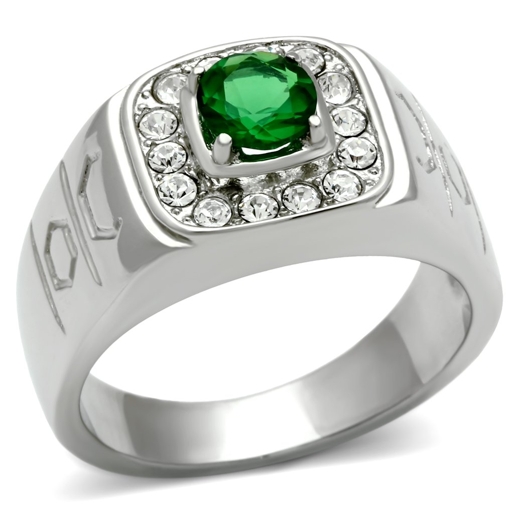 Men's stainless steel ring with synthetic emerald glass, high polished finish.