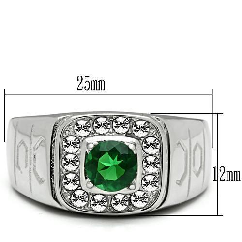 Men's stainless steel ring with synthetic emerald glass, high polished finish.