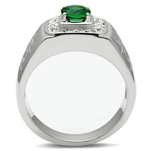 Men's stainless steel ring with synthetic emerald glass, high polished finish.