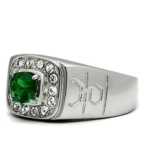 Men's stainless steel ring with synthetic emerald glass, high polished finish.