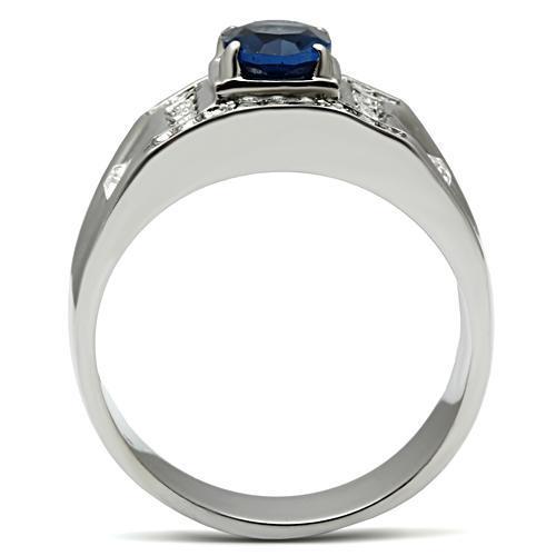 Men's stainless steel ring featuring synthetic Montana glass, high-polished finish, and modern design.