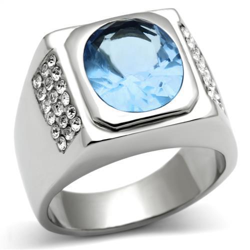 Men's stainless steel ring featuring light sapphire synthetic glass, high polished finish, elegant design.