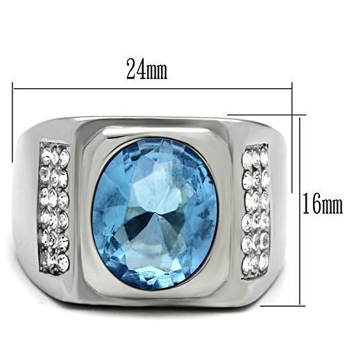 Men's stainless steel ring featuring light sapphire synthetic glass, high polished finish, elegant design.