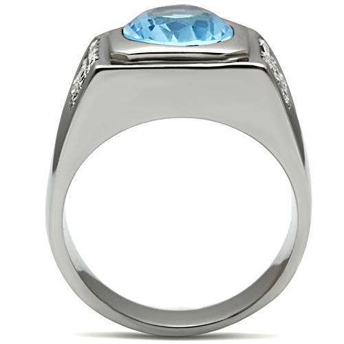 Men's stainless steel ring featuring light sapphire synthetic glass, high polished finish, elegant design.