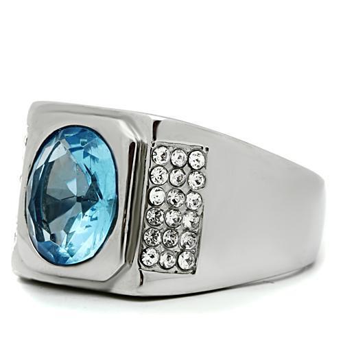 Men's stainless steel ring featuring light sapphire synthetic glass, high polished finish, elegant design.