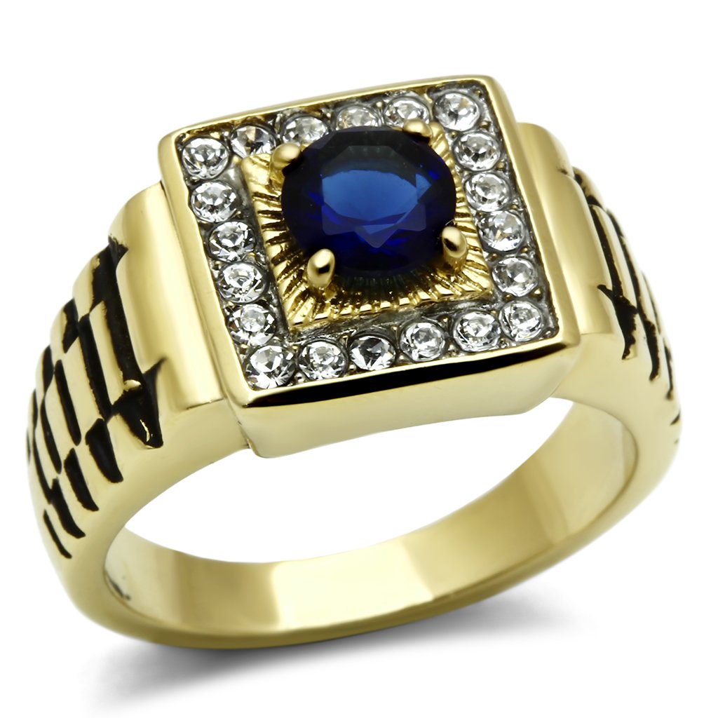 Men's stainless steel ring with two-tone IP gold finish and synthetic Montana glass centerpiece, showcasing modern elegance.