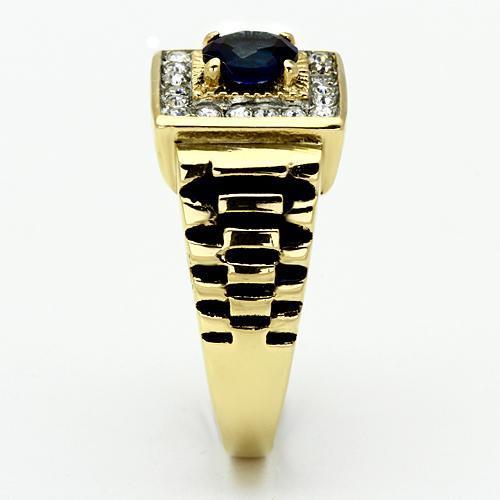 Men's stainless steel ring with two-tone IP gold finish and synthetic Montana glass centerpiece, showcasing modern elegance.