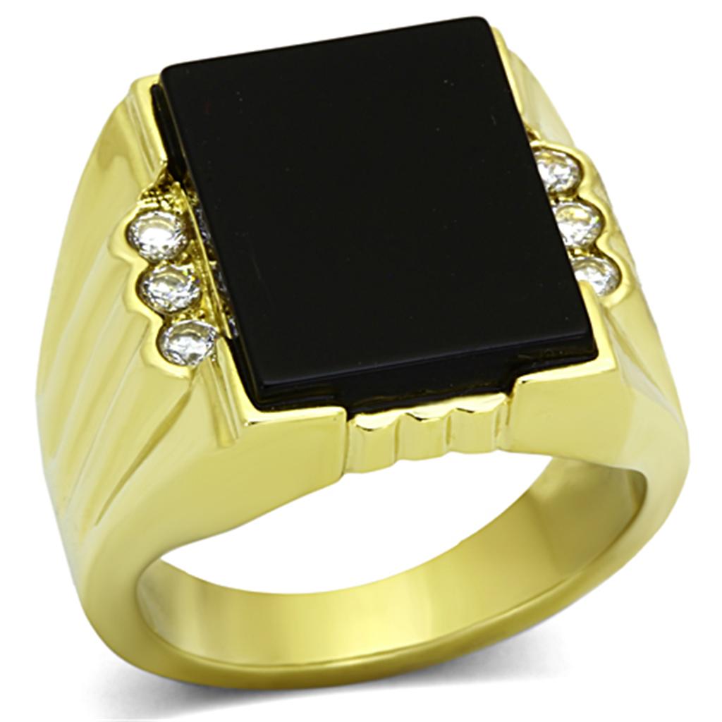 Men's stainless steel ring featuring synthetic jet onyx stone with IP gold ion plating.