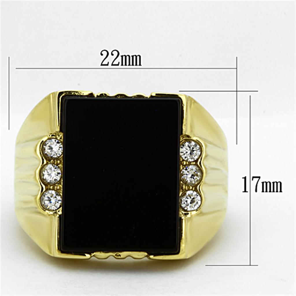 Men's stainless steel ring featuring synthetic jet onyx stone with IP gold ion plating.