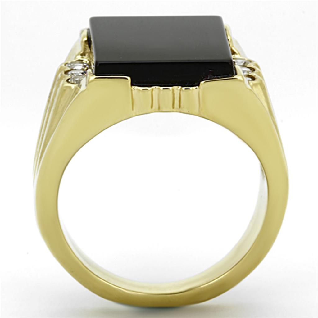 Men's stainless steel ring featuring synthetic jet onyx stone with IP gold ion plating.