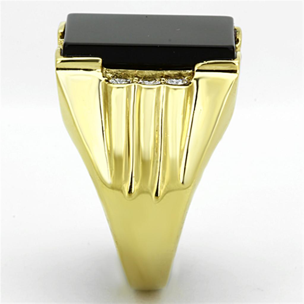 Men's stainless steel ring featuring synthetic jet onyx stone with IP gold ion plating.