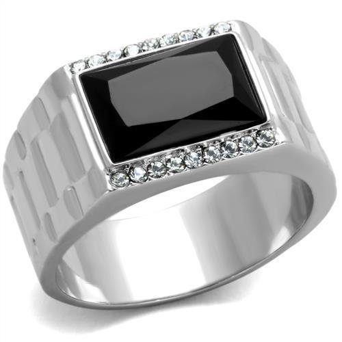 Men's stainless steel ring featuring a high-polished finish and a synthetic jet onyx stone, showcasing elegance and durability.