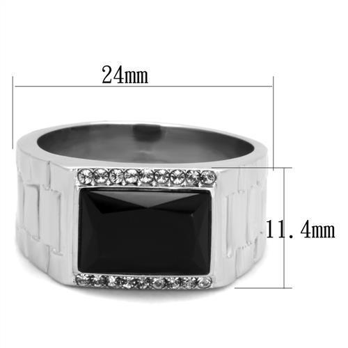 Men's stainless steel ring featuring a high-polished finish and a synthetic jet onyx stone, showcasing elegance and durability.