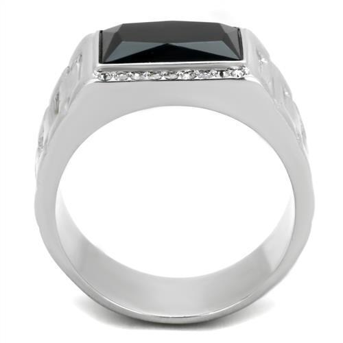 Men's stainless steel ring featuring a high-polished finish and a synthetic jet onyx stone, showcasing elegance and durability.