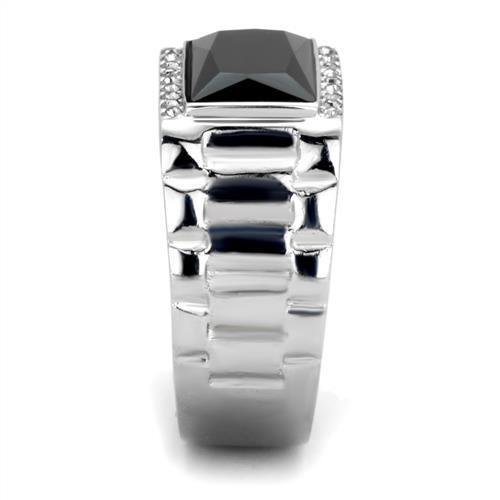 Men's stainless steel ring featuring a high-polished finish and a synthetic jet onyx stone, showcasing elegance and durability.