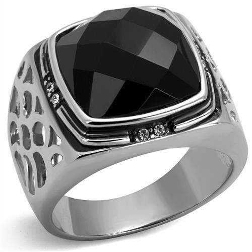 Men's stainless steel ring featuring a high-polished finish and a synthetic jet onyx stone, perfect for stylish accessories.