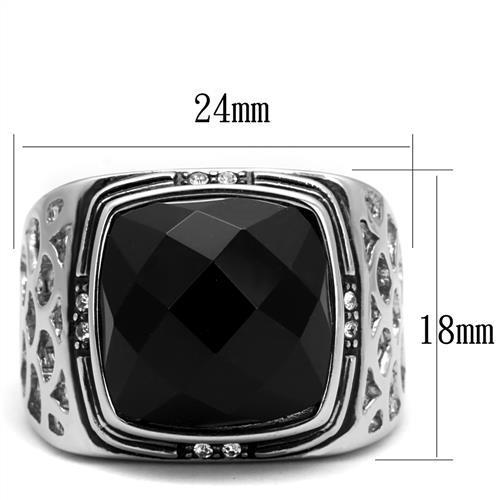 Men's stainless steel ring featuring a high-polished finish and a synthetic jet onyx stone, perfect for stylish accessories.