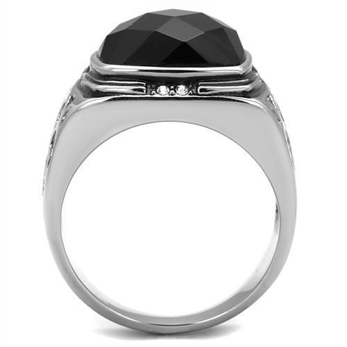 Men's stainless steel ring featuring a high-polished finish and a synthetic jet onyx stone, perfect for stylish accessories.