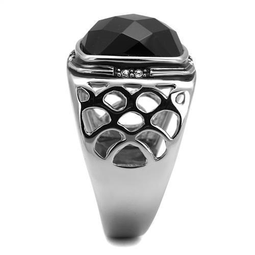 Men's stainless steel ring featuring a high-polished finish and a synthetic jet onyx stone, perfect for stylish accessories.