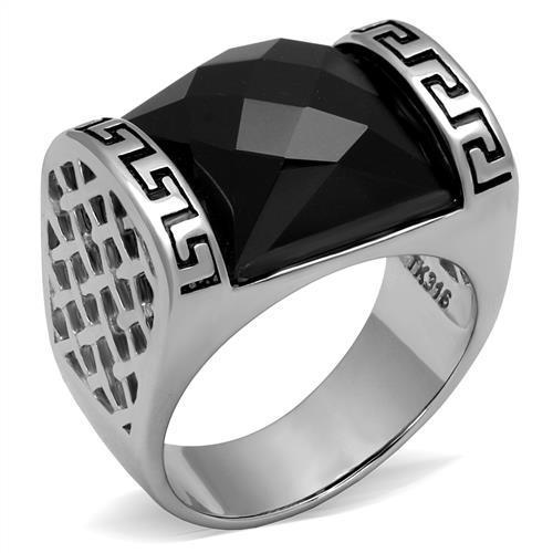 Men's stainless steel ring featuring a high-polished finish and a synthetic jet onyx stone, showcasing a modern and elegant design.