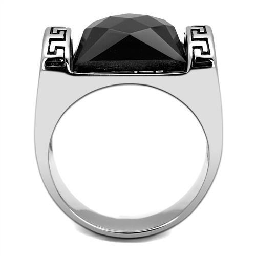 Men's stainless steel ring featuring a high-polished finish and a synthetic jet onyx stone, showcasing a modern and elegant design.