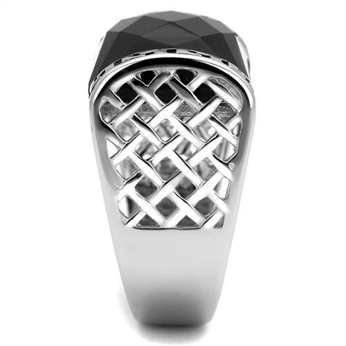 Men's stainless steel ring featuring a high-polished finish and a synthetic jet onyx stone, showcasing a modern and elegant design.