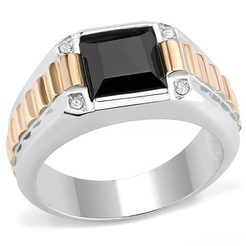 Men's stainless steel ring featuring synthetic onyx stone with two-tone IP rose gold finish.