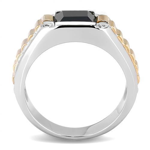 Men's stainless steel ring featuring synthetic onyx stone with two-tone IP rose gold finish.