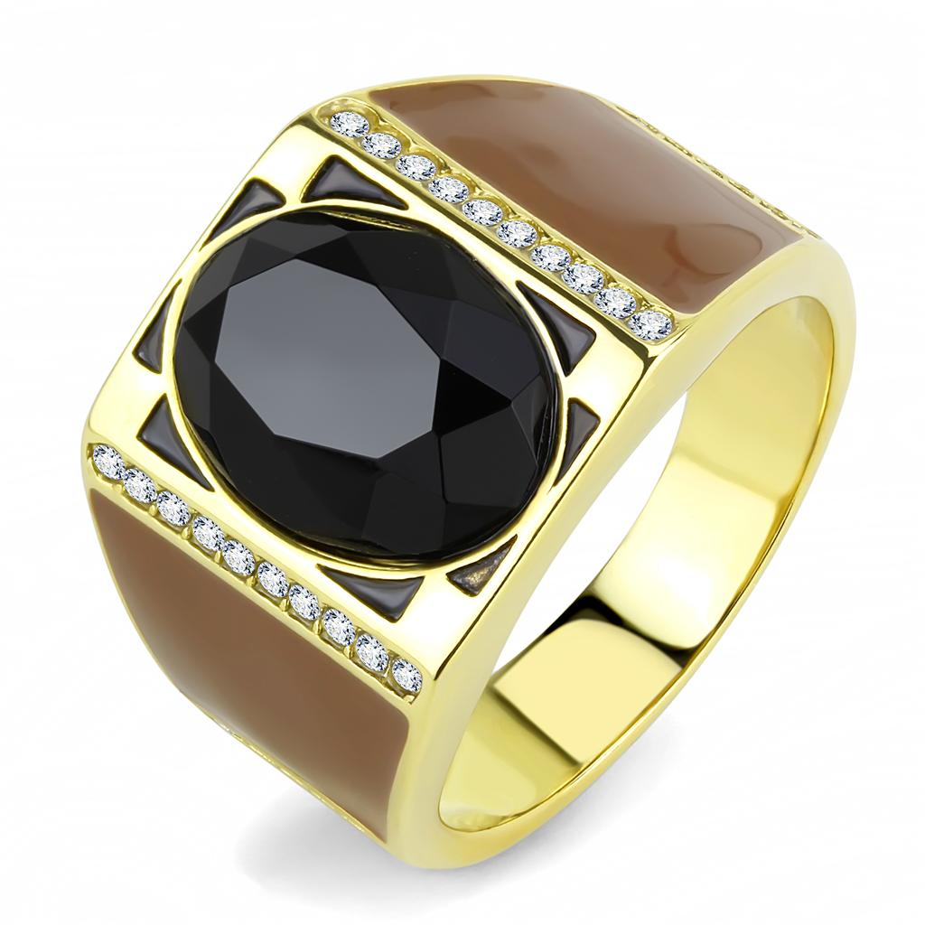 Men's stainless steel ring featuring a synthetic onyx stone with IP gold ion plating in an elegant oval design.