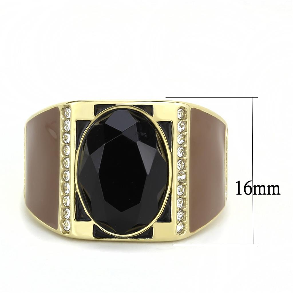 Men's stainless steel ring featuring a synthetic onyx stone with IP gold ion plating in an elegant oval design.