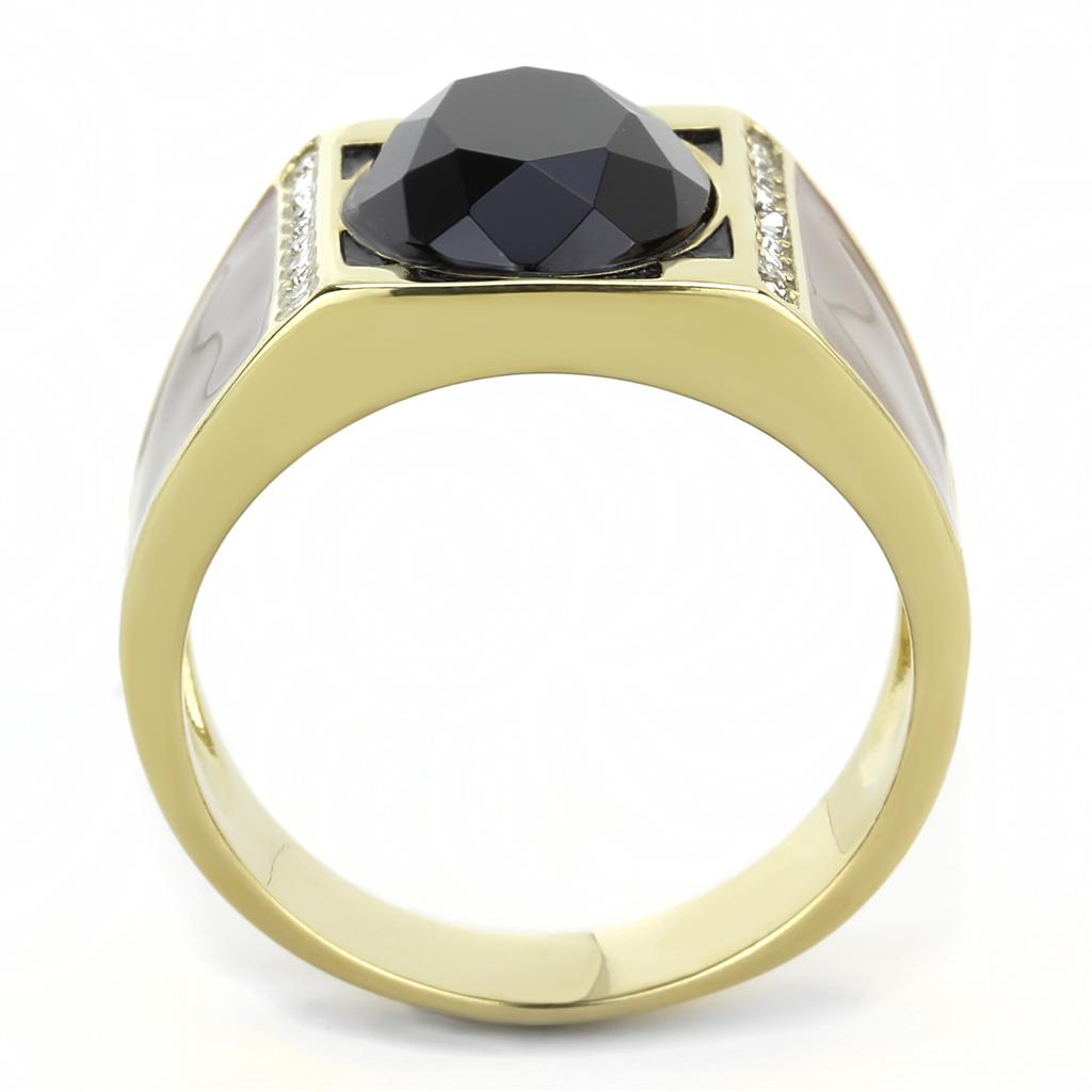 Men's stainless steel ring featuring a synthetic onyx stone with IP gold ion plating in an elegant oval design.