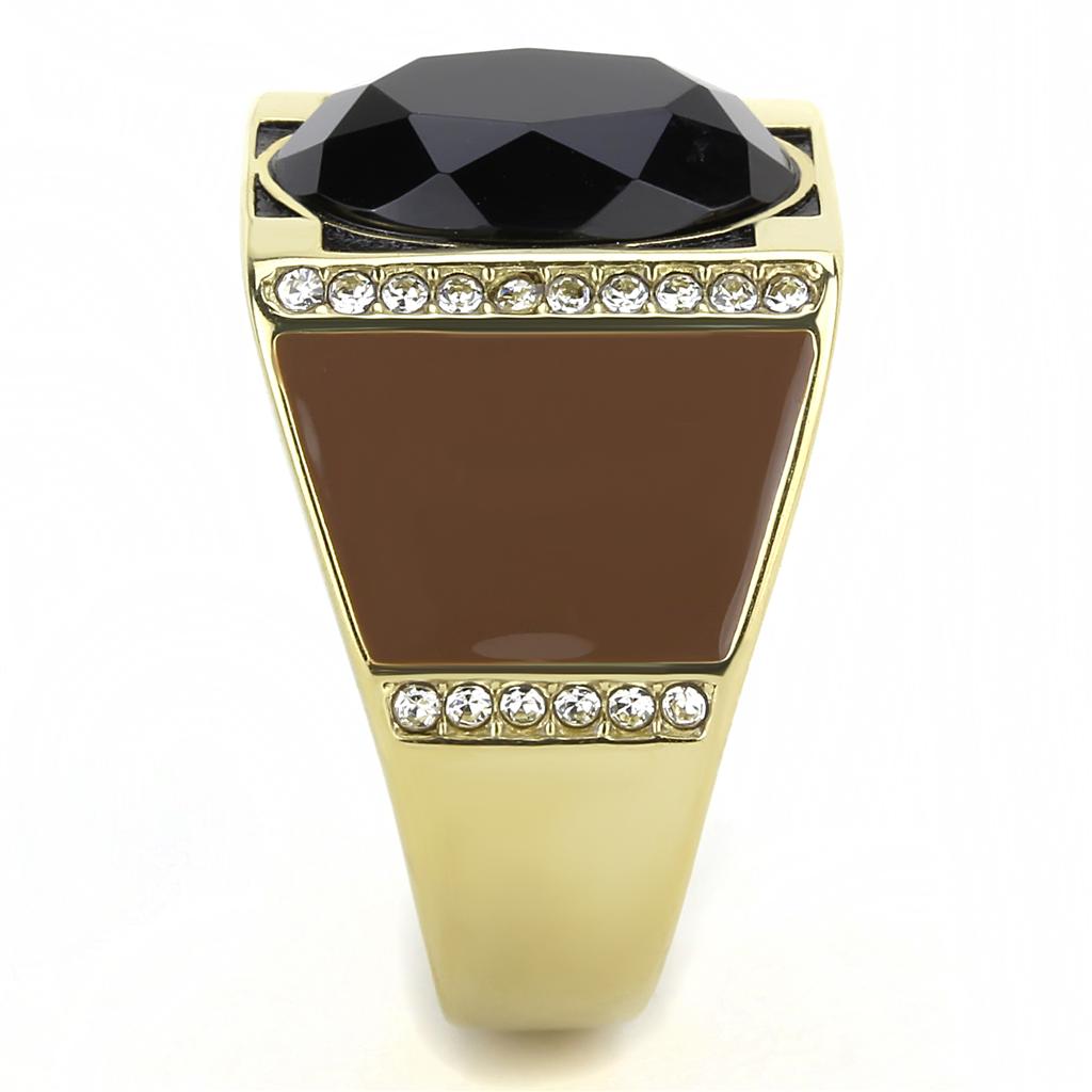 Men's stainless steel ring featuring a synthetic onyx stone with IP gold ion plating in an elegant oval design.