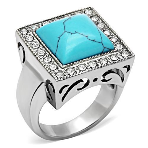 Men's stainless steel ring featuring synthetic turquoise in vibrant sea blue color, high polished finish.