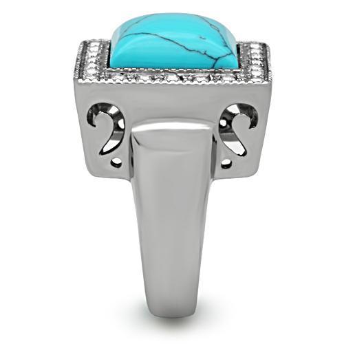 Men's stainless steel ring featuring synthetic turquoise in vibrant sea blue color, high polished finish.