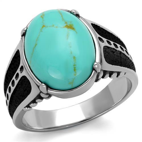 Men's stainless steel ring featuring a vibrant synthetic turquoise stone, high-polished finish, and sleek design.