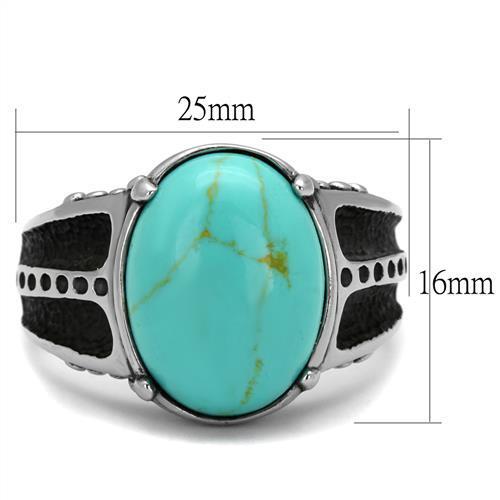 Men's stainless steel ring featuring a vibrant synthetic turquoise stone, high-polished finish, and sleek design.