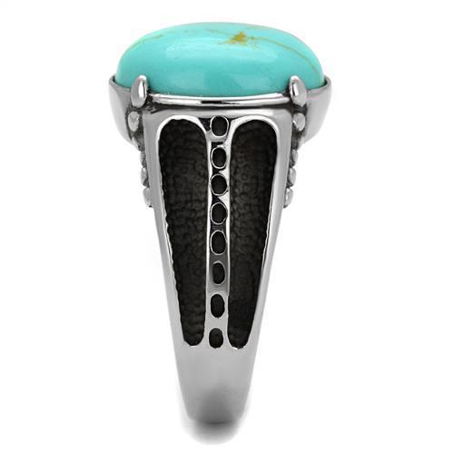 Men's stainless steel ring featuring a vibrant synthetic turquoise stone, high-polished finish, and sleek design.