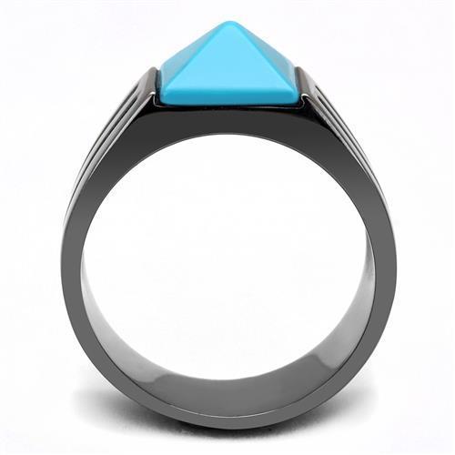 Men's stainless steel ring featuring synthetic turquoise in sea blue with an IP light black finish.