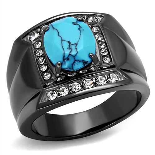 Men's stainless steel ring featuring synthetic turquoise in a vibrant sea blue color with an IP light black finish.