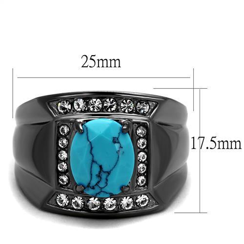 Men's stainless steel ring featuring synthetic turquoise in a vibrant sea blue color with an IP light black finish.