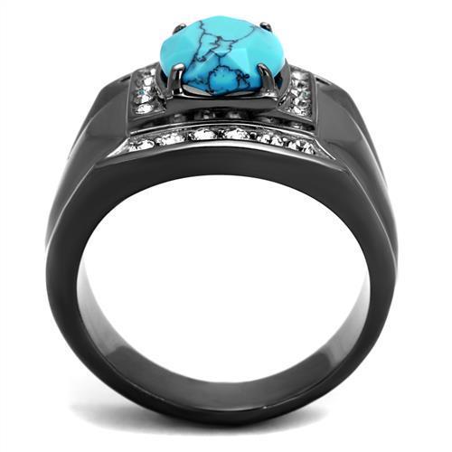 Men's stainless steel ring featuring synthetic turquoise in a vibrant sea blue color with an IP light black finish.