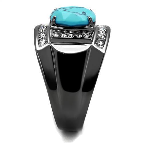 Men's stainless steel ring featuring synthetic turquoise in a vibrant sea blue color with an IP light black finish.