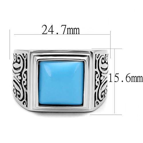 Men's stainless steel ring featuring synthetic turquoise in a vibrant sea blue color, showcasing a polished finish.