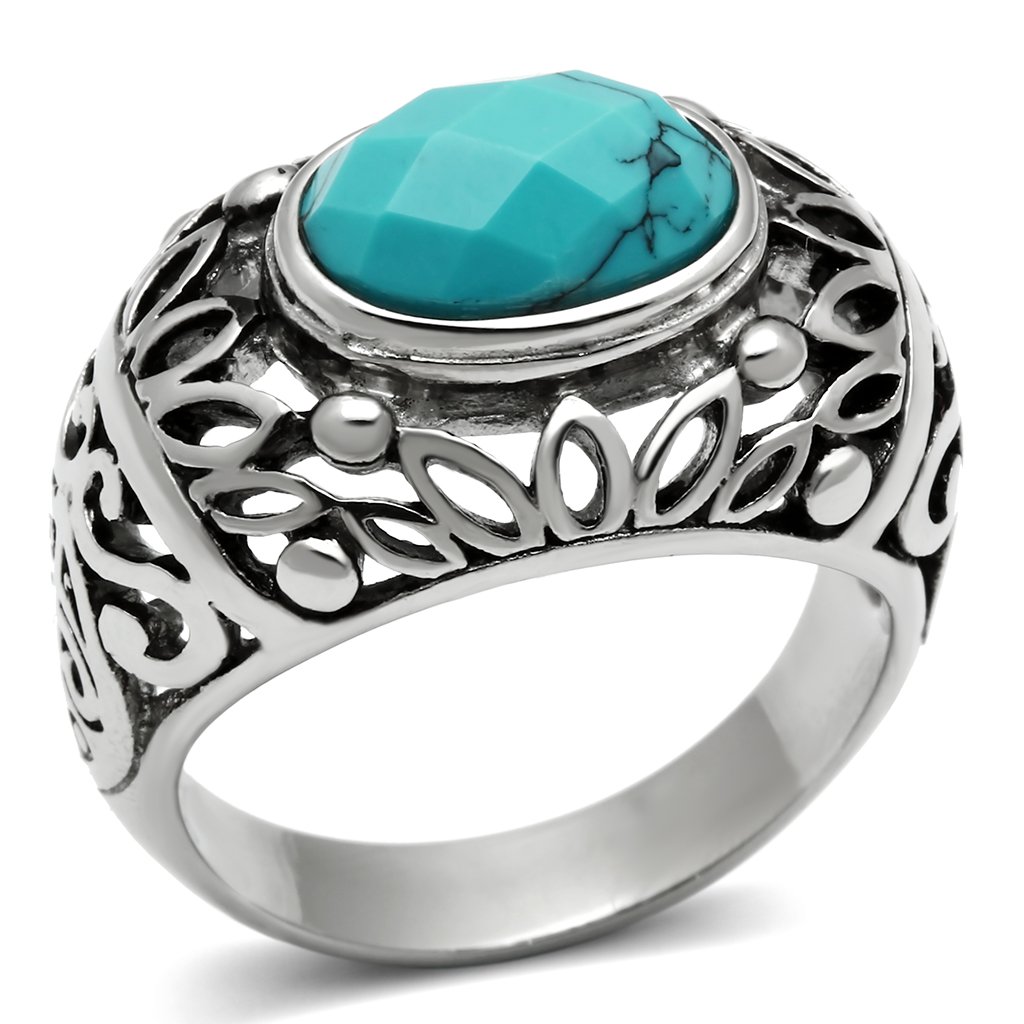 Men's stainless steel ring featuring synthetic turquoise in vibrant sea blue color, high polished finish for a sleek look.